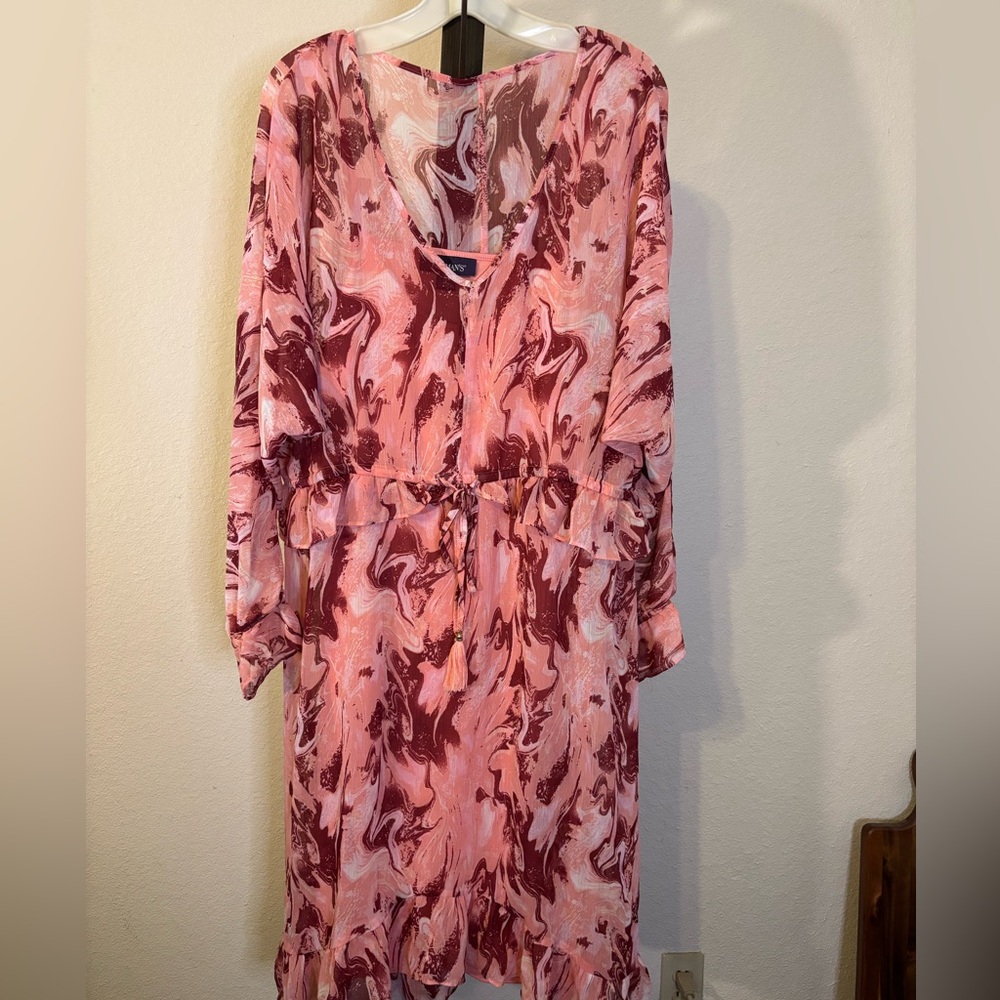 Roaman's Coral and Burgundy Swirl Dress with Ruffle Hem
